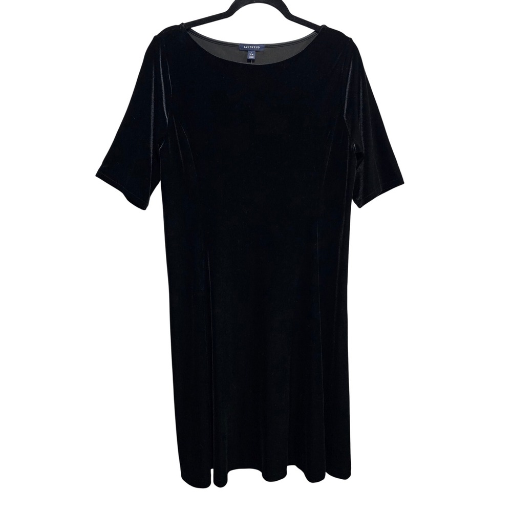 Lands' End Black Velvet Half Sleeve Shift Dress Boatneck Y2K Goth‎ Size Large